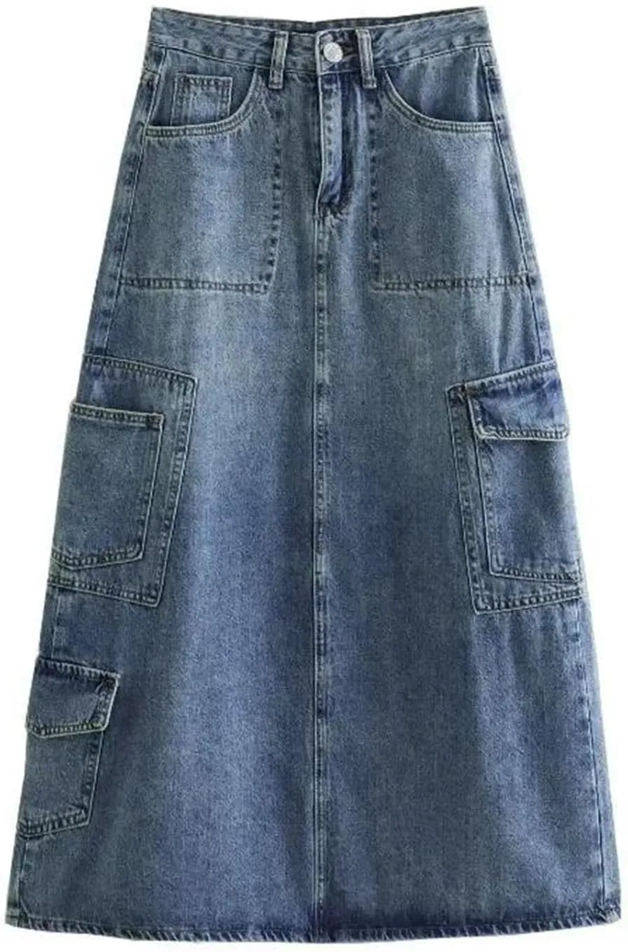 Women's Korean Retro High Waisted Cargo Denim Skinny Fit Skirt Fashion Buttons Zipper A Line Y2k Skirts