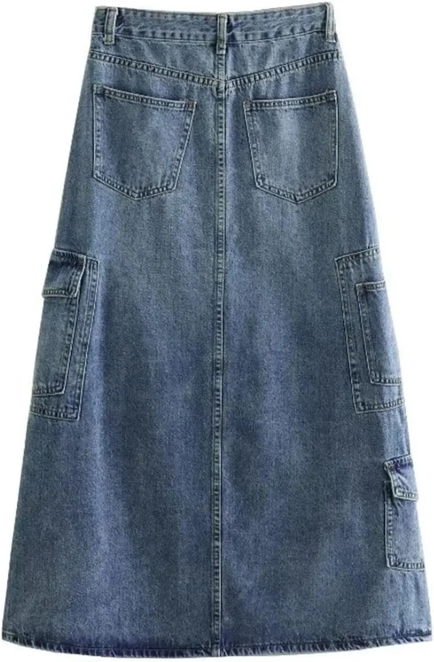 Women's Korean Retro High Waisted Cargo Denim Skinny Fit Skirt Fashion Buttons Zipper A Line Y2k Skirts