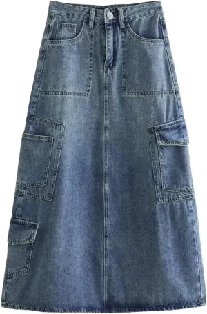 Women's Korean Retro High Waisted Cargo Denim Skinny Fit Skirt Fashion Buttons Zipper A Line Y2k Skirts