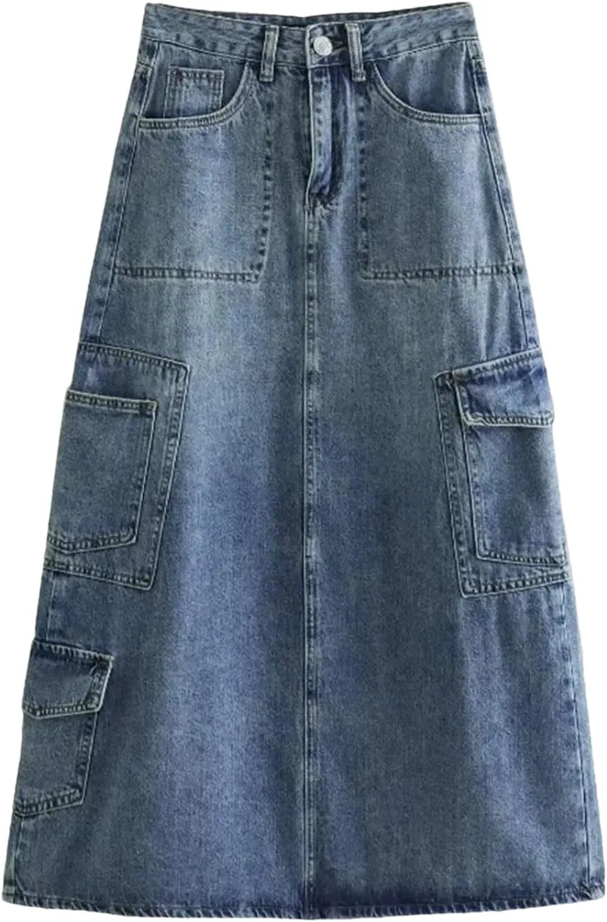 Women's Korean Retro High Waisted Cargo Denim Skinny Fit Skirt Fashion Buttons Zipper A Line Y2k Skirts