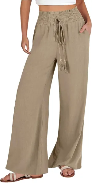 Womens Linen Palazzo Pants Casual Wide Leg Pants Drawstring Pants with Pockets Summer Beach Linen Pants Lounge Trousers, Small, #E5-khaki