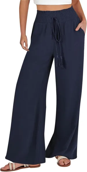 Womens Linen Palazzo Pants Casual Wide Leg Pants Drawstring Pants with Pockets Summer Beach Linen Pants Lounge Trousers, XX-Large, #E4-dark Blue