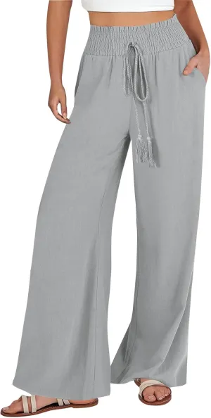 Womens Linen Palazzo Pants Casual Wide Leg Pants Drawstring Pants with Pockets Summer Beach Linen Pants Lounge Trousers, XX-Large, #E7-grey