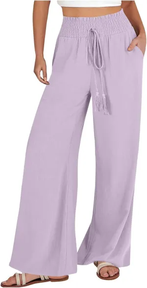 Womens Linen Palazzo Pants Casual Wide Leg Pants Drawstring Pants with Pockets Summer Beach Linen Pants Lounge Trousers, XX-Large, #E8-purple