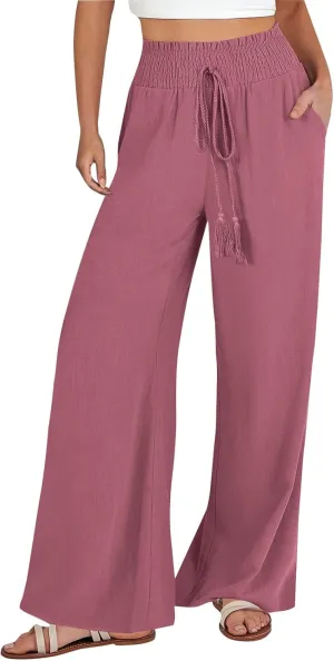 Womens Linen Palazzo Pants Casual Wide Leg Pants Drawstring Pants with Pockets Summer Beach Linen Pants Lounge Trousers, XX-Large, #F2-pink