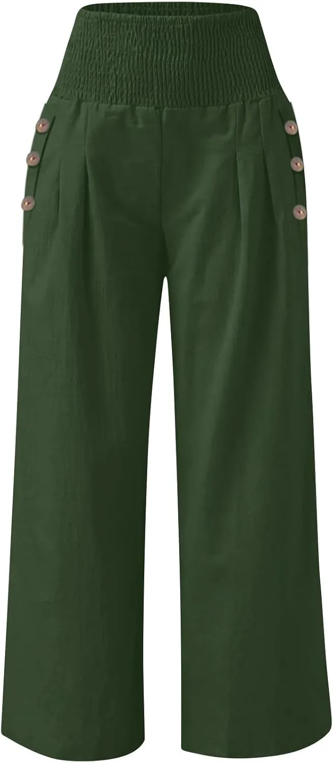 Womens Linen Pants 2025 Summer Casual Loose Wide Leg Palazzo Pants Elastic High Waist Flowy Beach Trousers Outfits