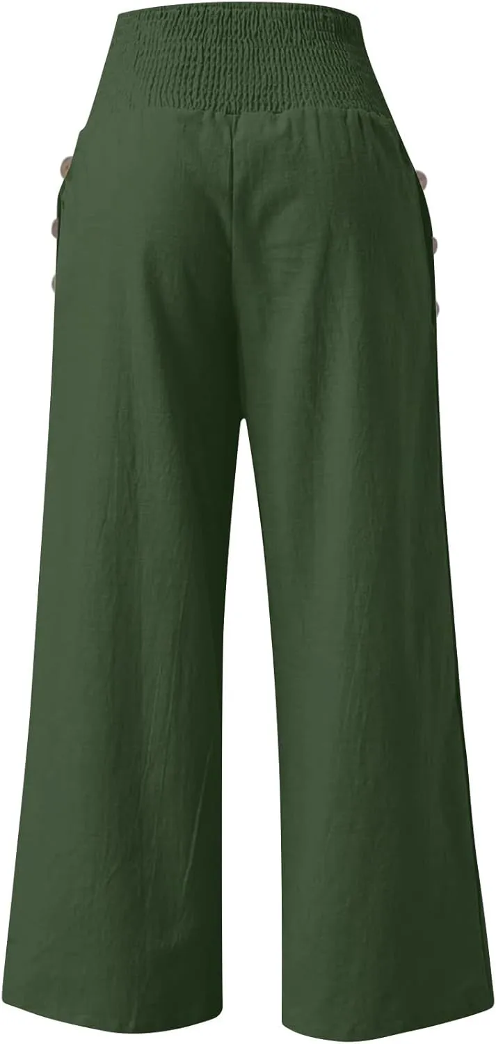 Womens Linen Pants 2025 Summer Casual Loose Wide Leg Palazzo Pants Elastic High Waist Flowy Beach Trousers Outfits