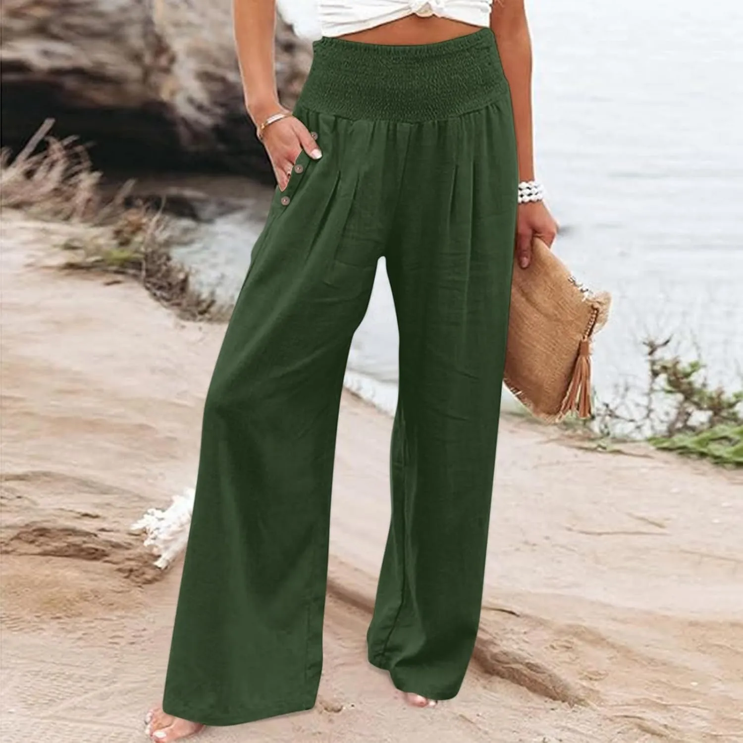 Womens Linen Pants 2025 Summer Casual Loose Wide Leg Palazzo Pants Elastic High Waist Flowy Beach Trousers Outfits