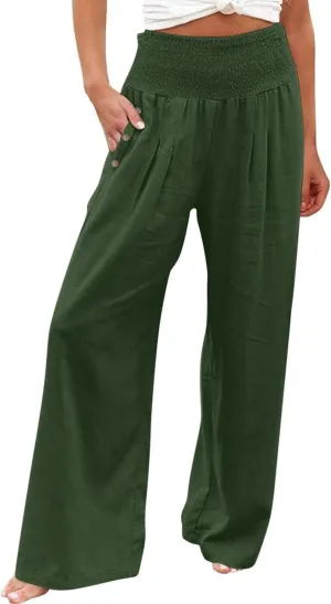 Womens Linen Pants 2025 Summer Casual Loose Wide Leg Palazzo Pants Elastic High Waist Flowy Beach Trousers Outfits