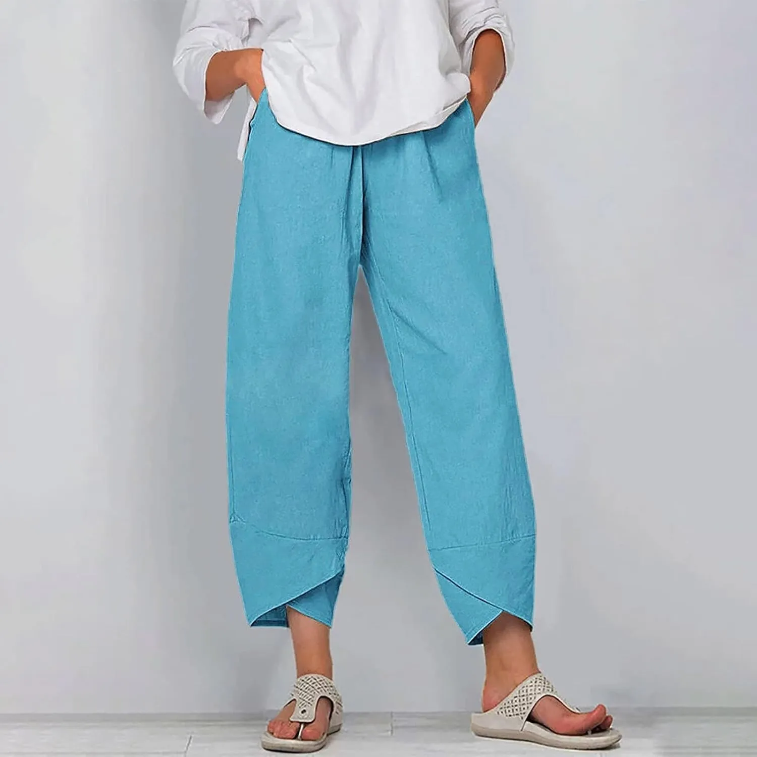Womens Linen Pants Capri Boho Wide Leg Pant Summer Flowy Vintage Floral Dandelion Cotton Cropped Trousers with Pockets