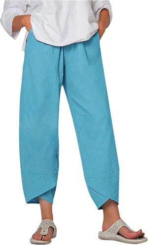 Womens Linen Pants Capri Boho Wide Leg Pant Summer Flowy Vintage Floral Dandelion Cotton Cropped Trousers with Pockets