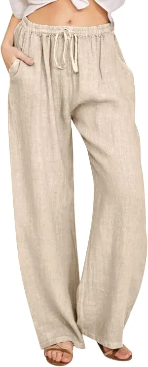 Womens Linen Pants Summer Boho Drawstring Elastic Flowy High Waist Casual Loose Fit Wide Leg Pants