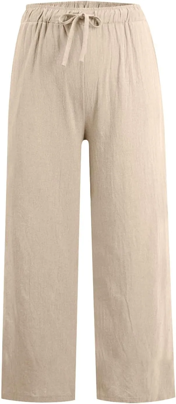 Womens Linen Pants Summer Boho Drawstring Elastic Flowy High Waist Casual Loose Fit Wide Leg Pants