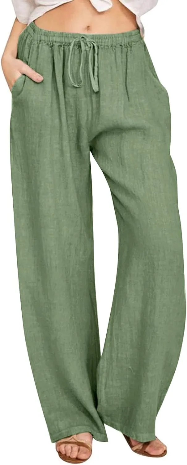 Womens Linen Pants Summer Boho Drawstring Elastic Flowy High Waist Casual Loose Fit Wide Leg Pants