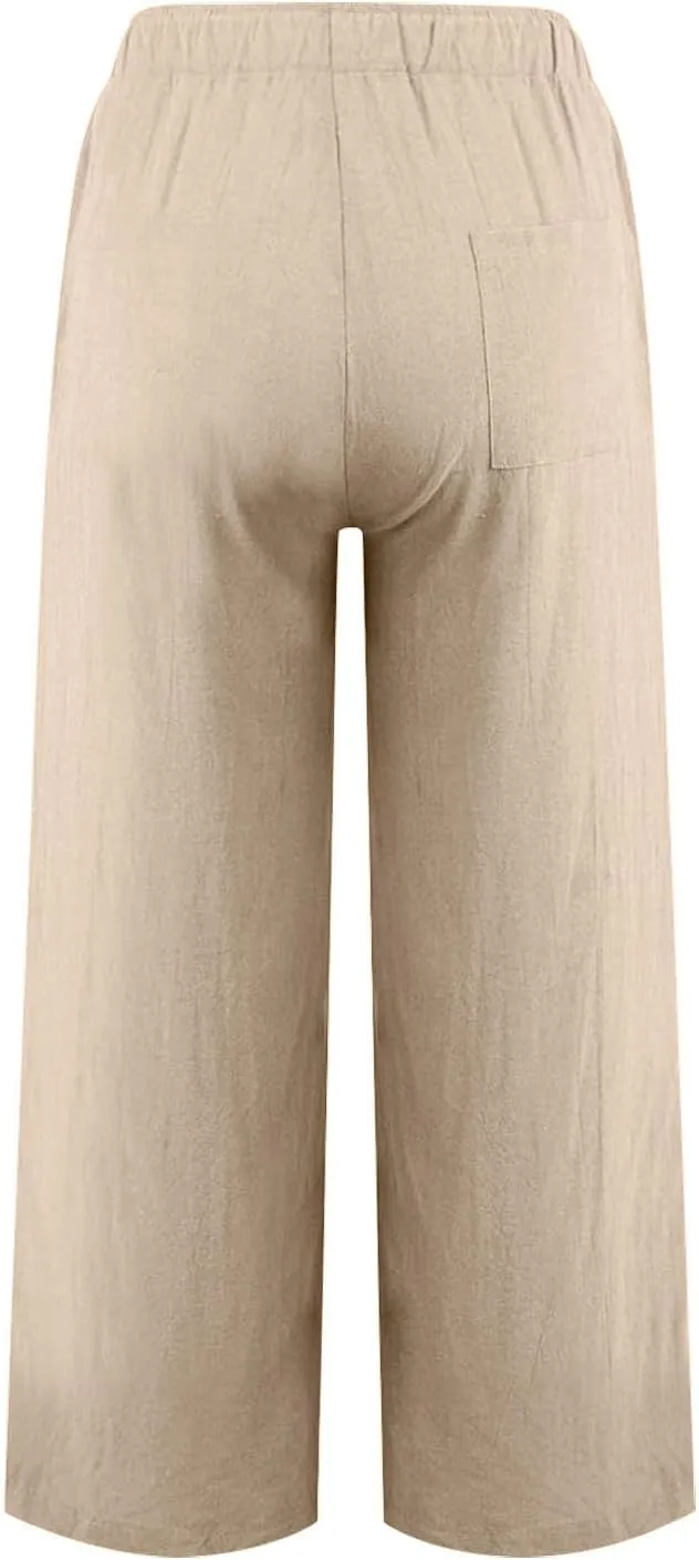 Womens Linen Pants Summer Boho Drawstring Elastic Flowy High Waist Casual Loose Fit Wide Leg Pants