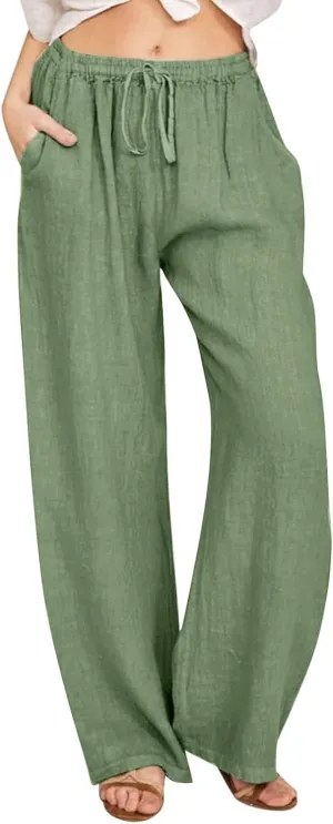Womens Linen Pants Summer Boho Drawstring Elastic Flowy High Waist Casual Loose Fit Wide Leg Pants