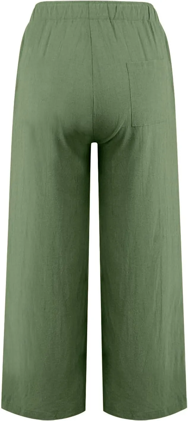 Womens Linen Pants Summer Boho Drawstring Elastic Flowy High Waist Casual Loose Fit Wide Leg Pants