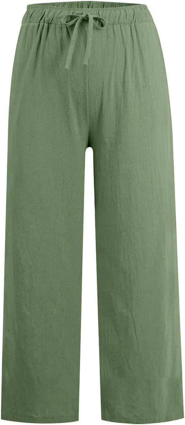 Womens Linen Pants Summer Boho Drawstring Elastic Flowy High Waist Casual Loose Fit Wide Leg Pants