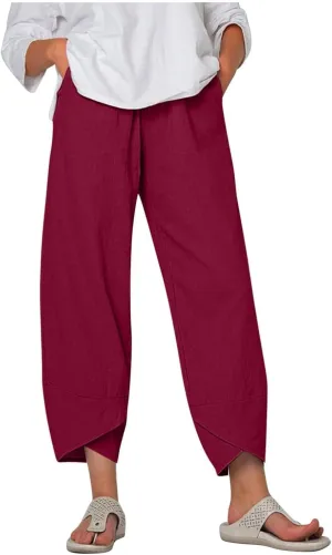 Womens Linen Pants Summer Casual Capri Pants with Pockets Palazzo Cropped Comfy Baggy Trousers High Waisted