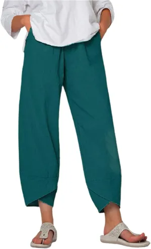 Womens Linen Pants Summer Casual Capri Pants with Pockets Palazzo Cropped Comfy Baggy Trousers High Waisted