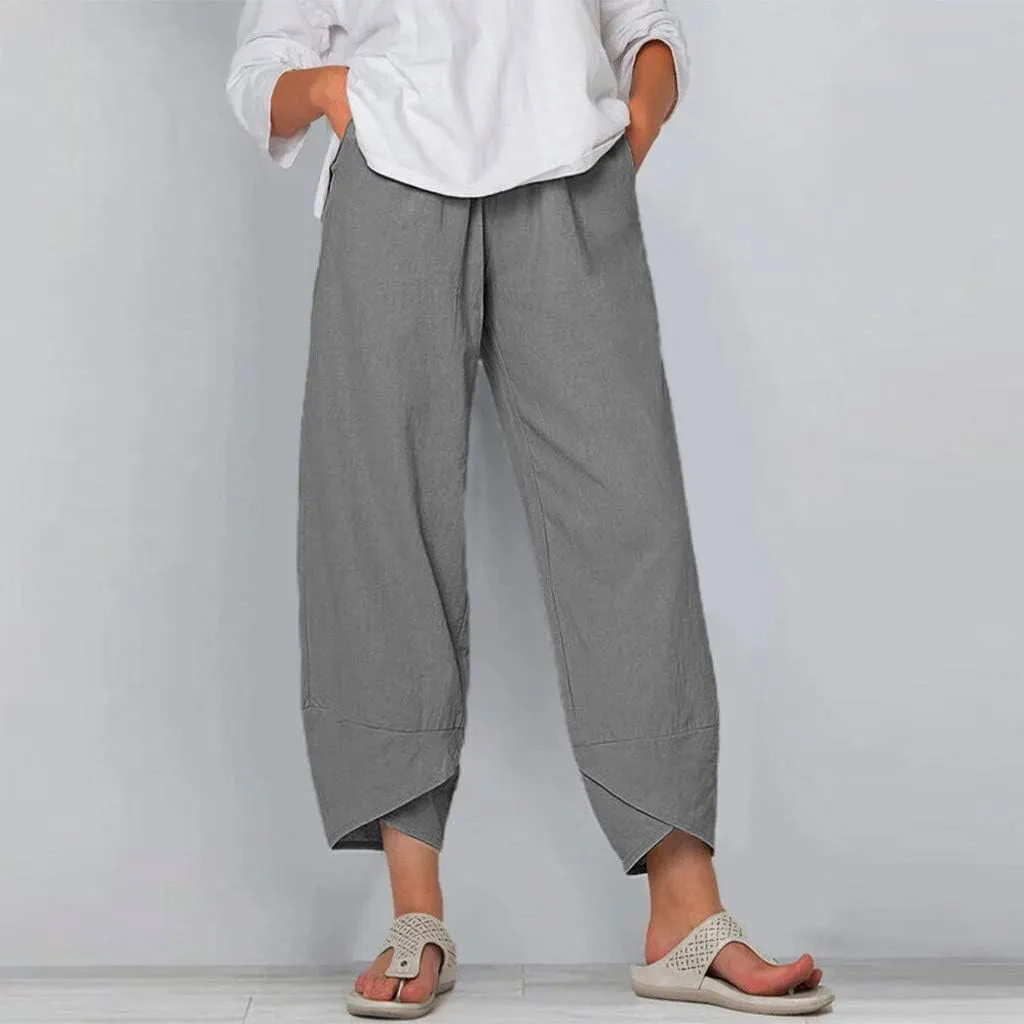 Womens Linen Pants Summer Casual Capri Pants with Pockets Palazzo Cropped Comfy Baggy Trousers High Waisted
