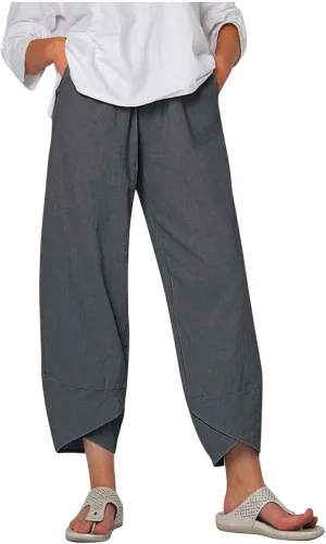 Womens Linen Pants Summer Casual Capri Pants with Pockets Palazzo Cropped Comfy Baggy Trousers High Waisted