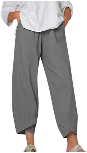 Womens Linen Pants Summer Casual Capri Pants with Pockets Palazzo Cropped Comfy Baggy Trousers High Waisted