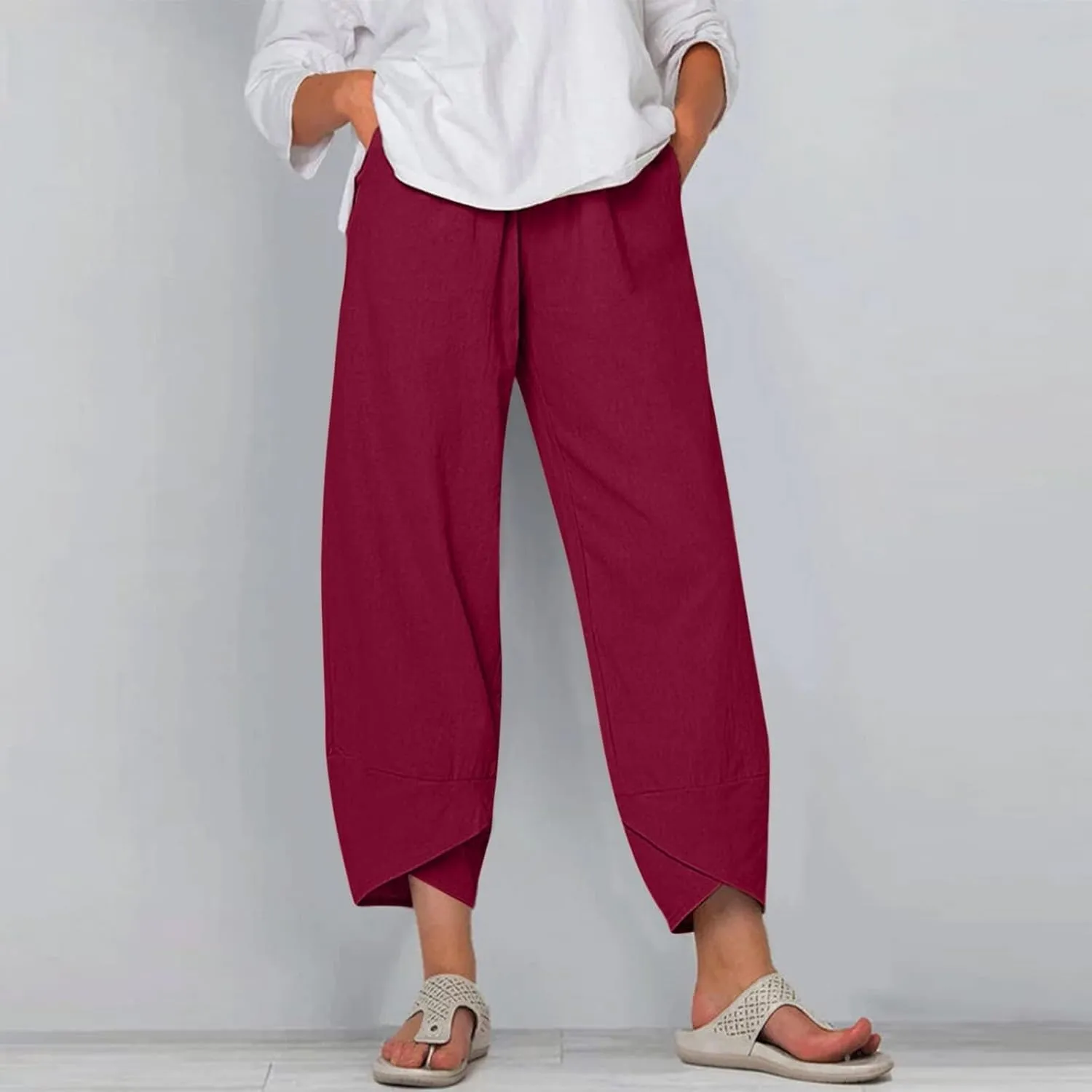 Womens Linen Pants Summer Casual Capri Pants with Pockets Palazzo Cropped Comfy Baggy Trousers High Waisted