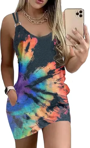 Women's Live Simple Coconut Tree Color Block Mini Dress Spaghetti Strap Halter Strap Sleeveless Mini Dress with Pockets