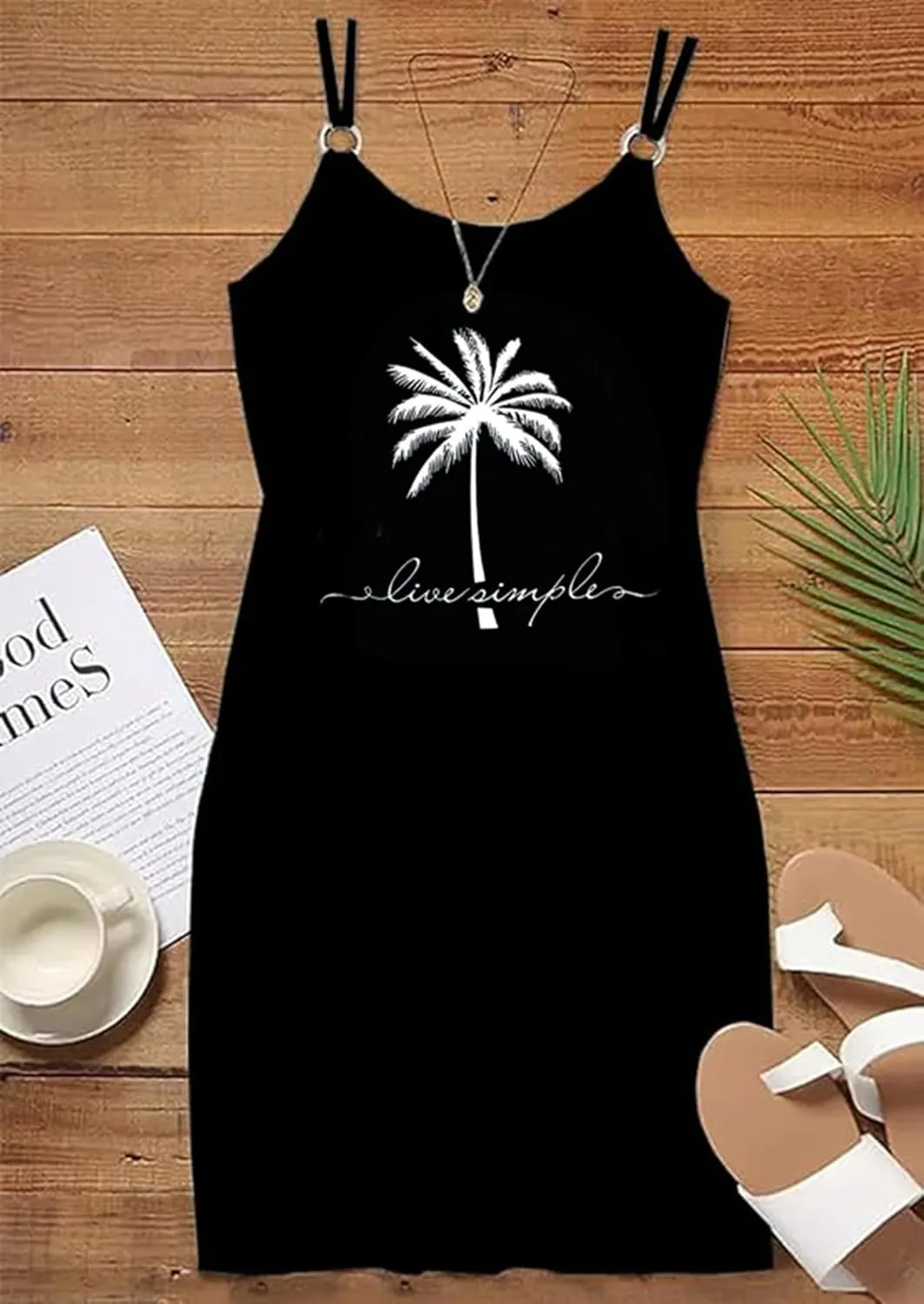 Women's Live Simple Coconut Tree Color Block Mini Dress Spaghetti Strap Halter Strap Sleeveless Mini Dress with Pockets