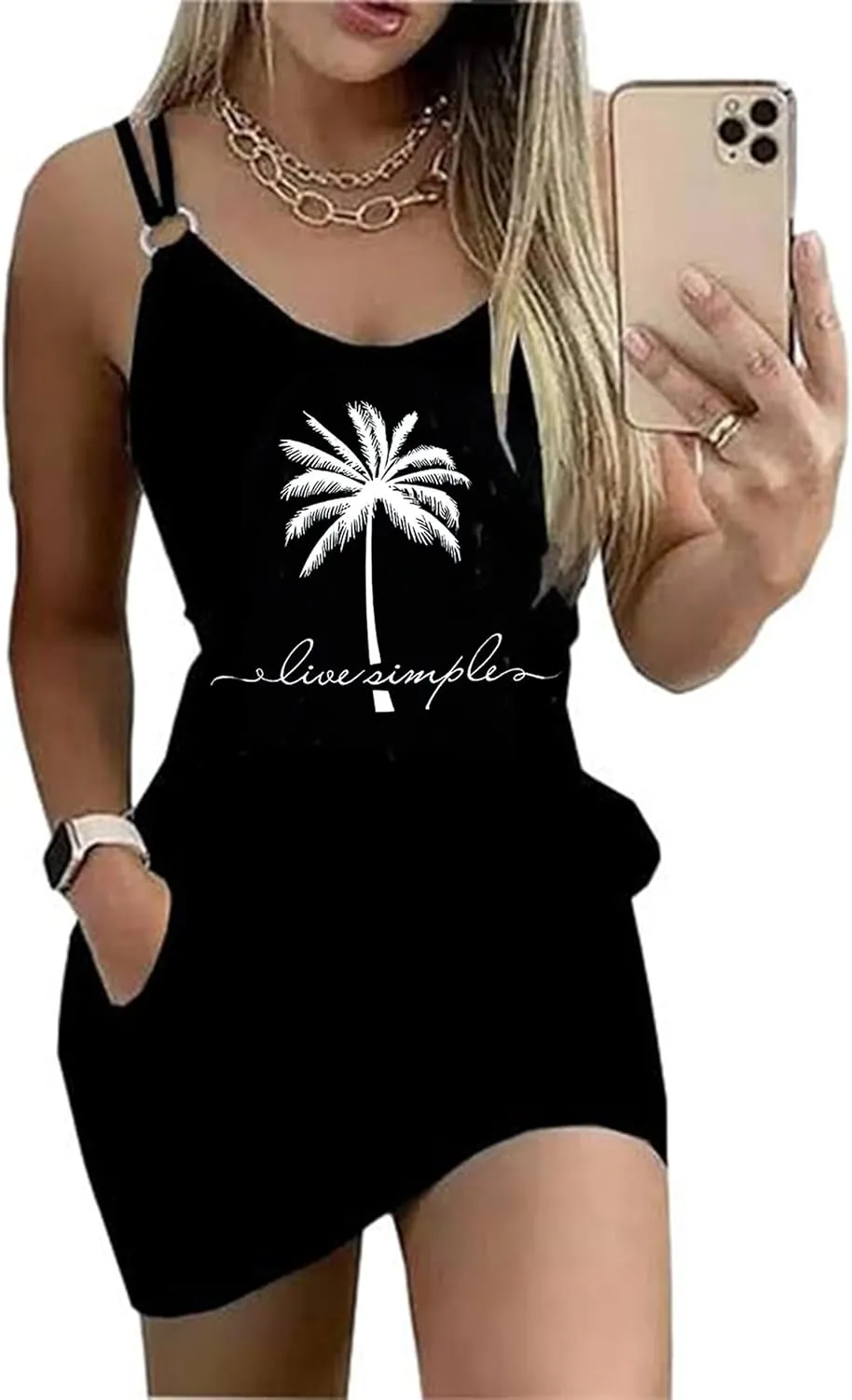 Women's Live Simple Coconut Tree Color Block Mini Dress Spaghetti Strap Halter Strap Sleeveless Mini Dress with Pockets