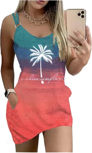 Women's Live Simple Coconut Tree Color Block Mini Dress Spaghetti Strap Halter Strap Sleeveless Mini Dress with Pockets