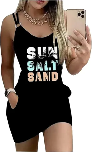 Women's Live Simple Coconut Tree Color Block Mini Dress Spaghetti Strap Halter Strap Sleeveless Mini Dress with Pockets