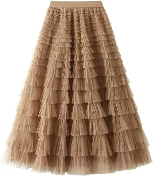 Women's Long Maxi Tulle Skirts A Line Ruffle High Waisted Tiered Layered Mesh Tutu Skirt Petticoat Costumes