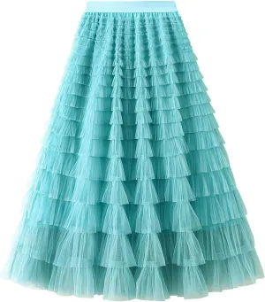 Women's Long Maxi Tulle Skirts A Line Ruffle High Waisted Tiered Layered Mesh Tutu Skirt Petticoat Costumes
