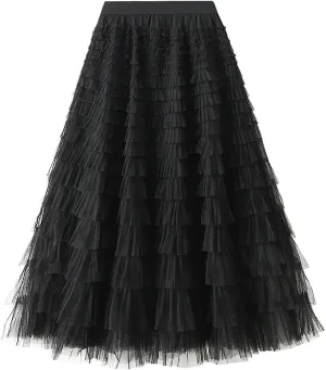 Women's Long Maxi Tulle Skirts A Line Ruffle High Waisted Tiered Layered Mesh Tutu Skirt Petticoat Costumes