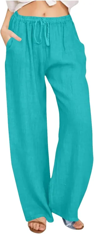 Women's Lounge Pants Linen Summer Palazzo Pants Flowy Wide Leg Pants Loose Casual Beach Pants with Pockets Trousers