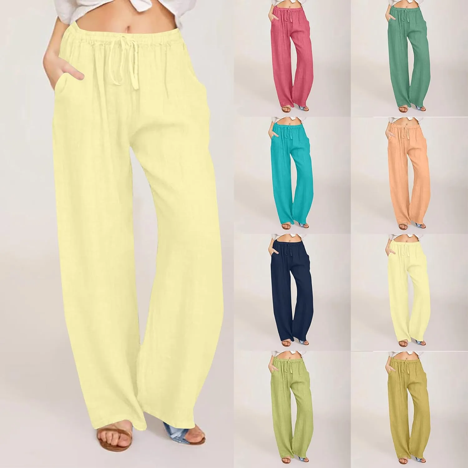 Women's Lounge Pants Linen Summer Palazzo Pants Flowy Wide Leg Pants Loose Casual Beach Pants with Pockets Trousers