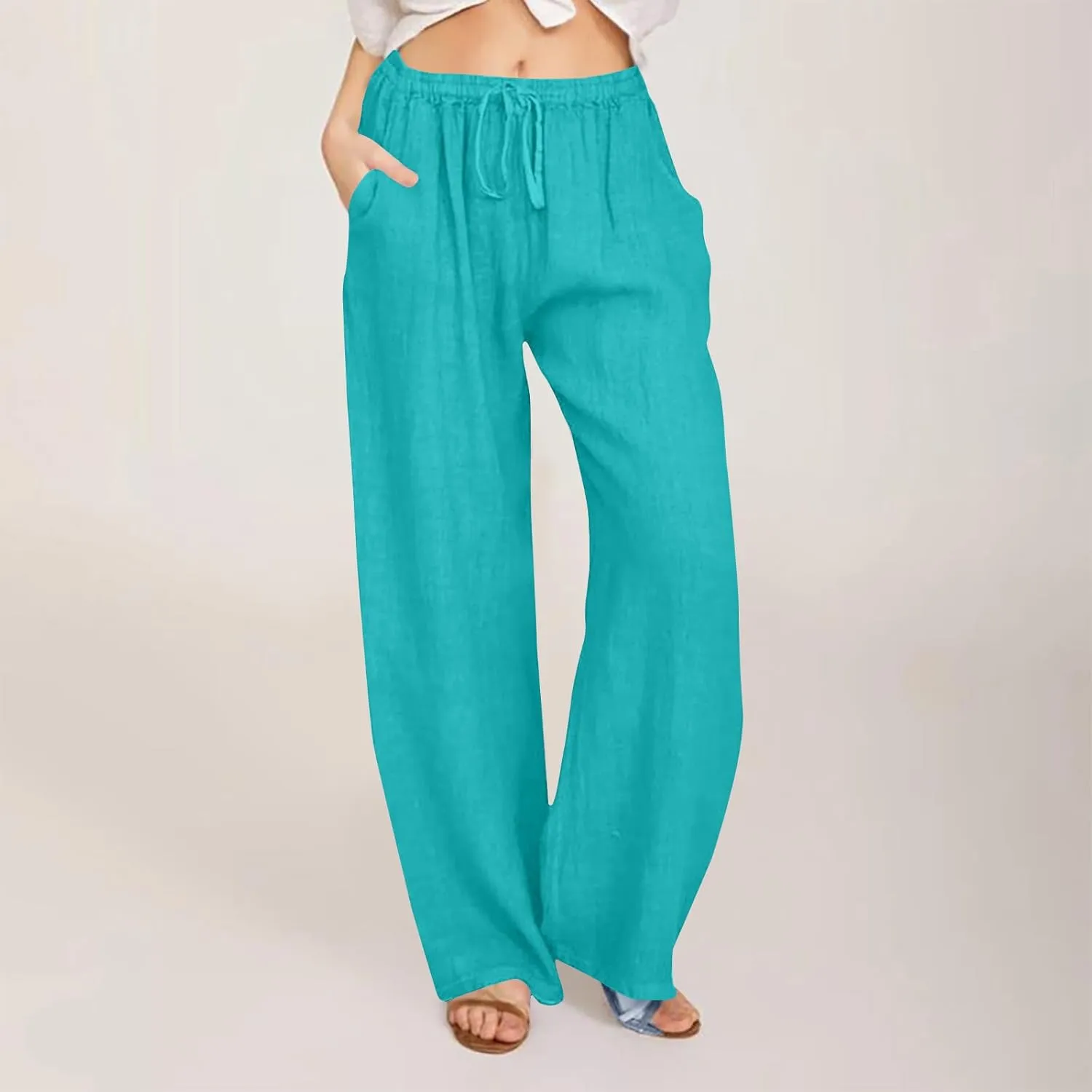 Women's Lounge Pants Linen Summer Palazzo Pants Flowy Wide Leg Pants Loose Casual Beach Pants with Pockets Trousers