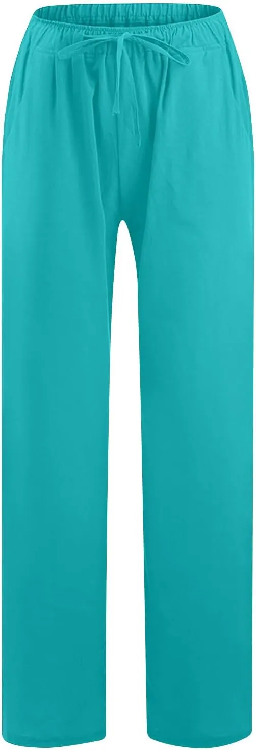 Women's Lounge Pants Linen Summer Palazzo Pants Flowy Wide Leg Pants Loose Casual Beach Pants with Pockets Trousers