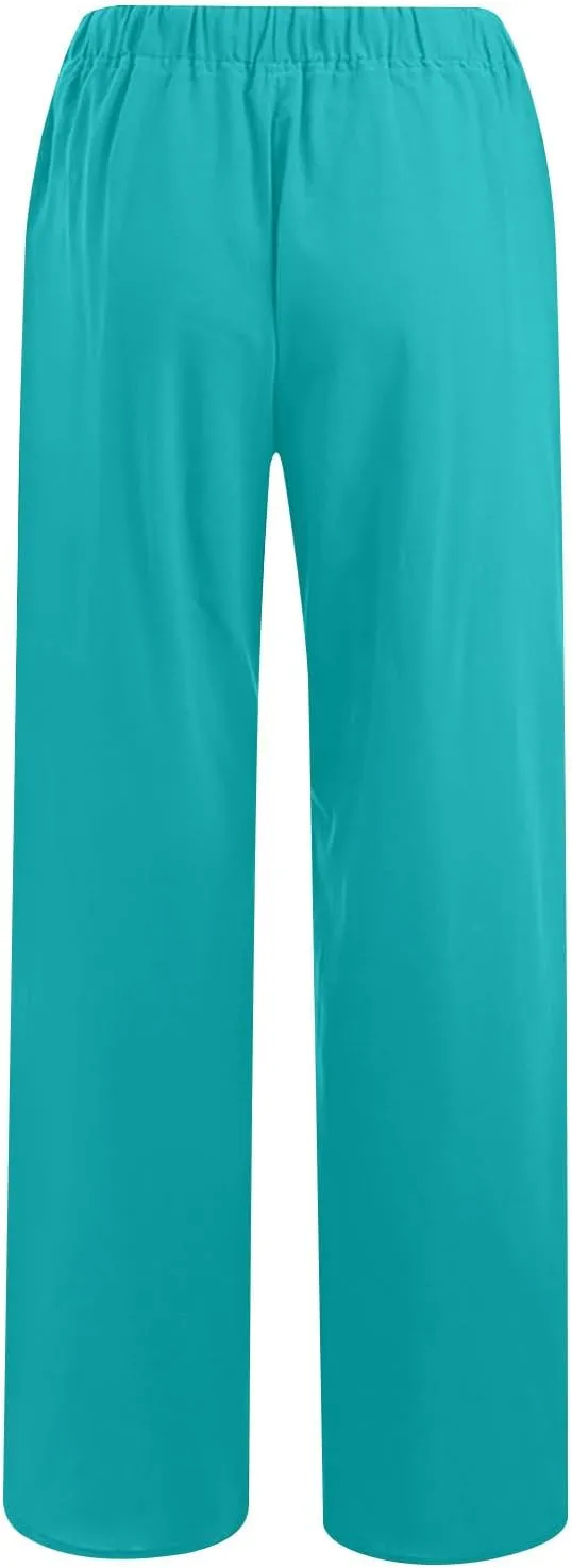 Women's Lounge Pants Linen Summer Palazzo Pants Flowy Wide Leg Pants Loose Casual Beach Pants with Pockets Trousers