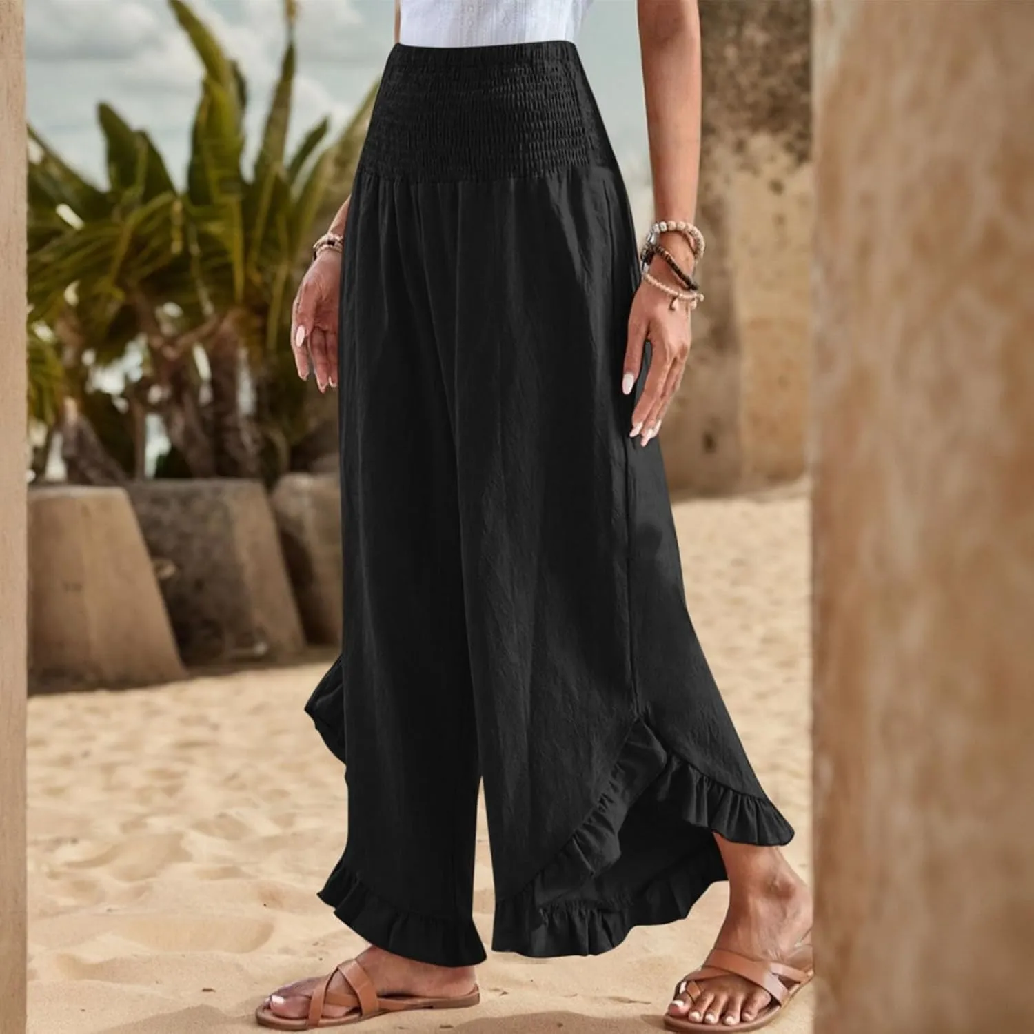 Women's Palazzo Pants Casual Summer Smocked Waisted Linen Pants Trendy Ruffle Hem Wide Leg Trousers Loose Beach Pant