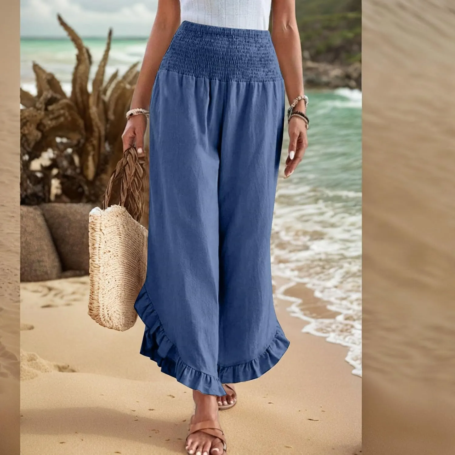 Womens Palazzo Pants Casual Summer Smocked Waisted Linen Pants Trendy Ruffle Hem Wide Leg Trousers Loose Beach Pant