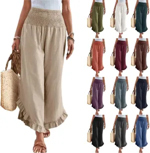 Womens Palazzo Pants Casual Summer Smocked Waisted Linen Pants Trendy Ruffle Hem Wide Leg Trousers Loose Beach Pant
