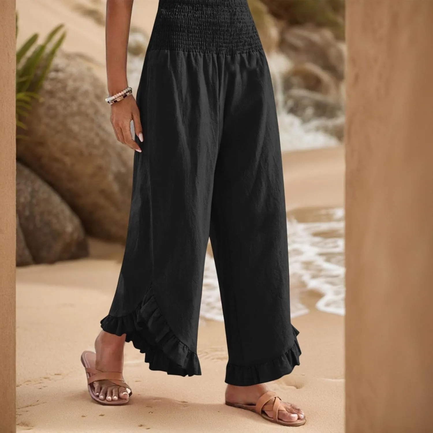 Women's Palazzo Pants Casual Summer Smocked Waisted Linen Pants Trendy Ruffle Hem Wide Leg Trousers Loose Beach Pant