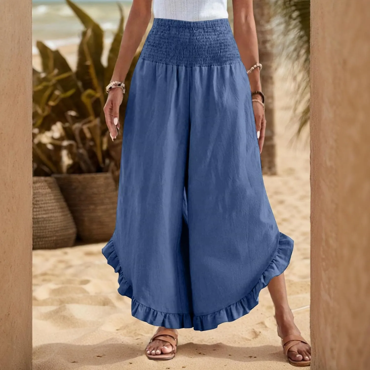 Womens Palazzo Pants Casual Summer Smocked Waisted Linen Pants Trendy Ruffle Hem Wide Leg Trousers Loose Beach Pant