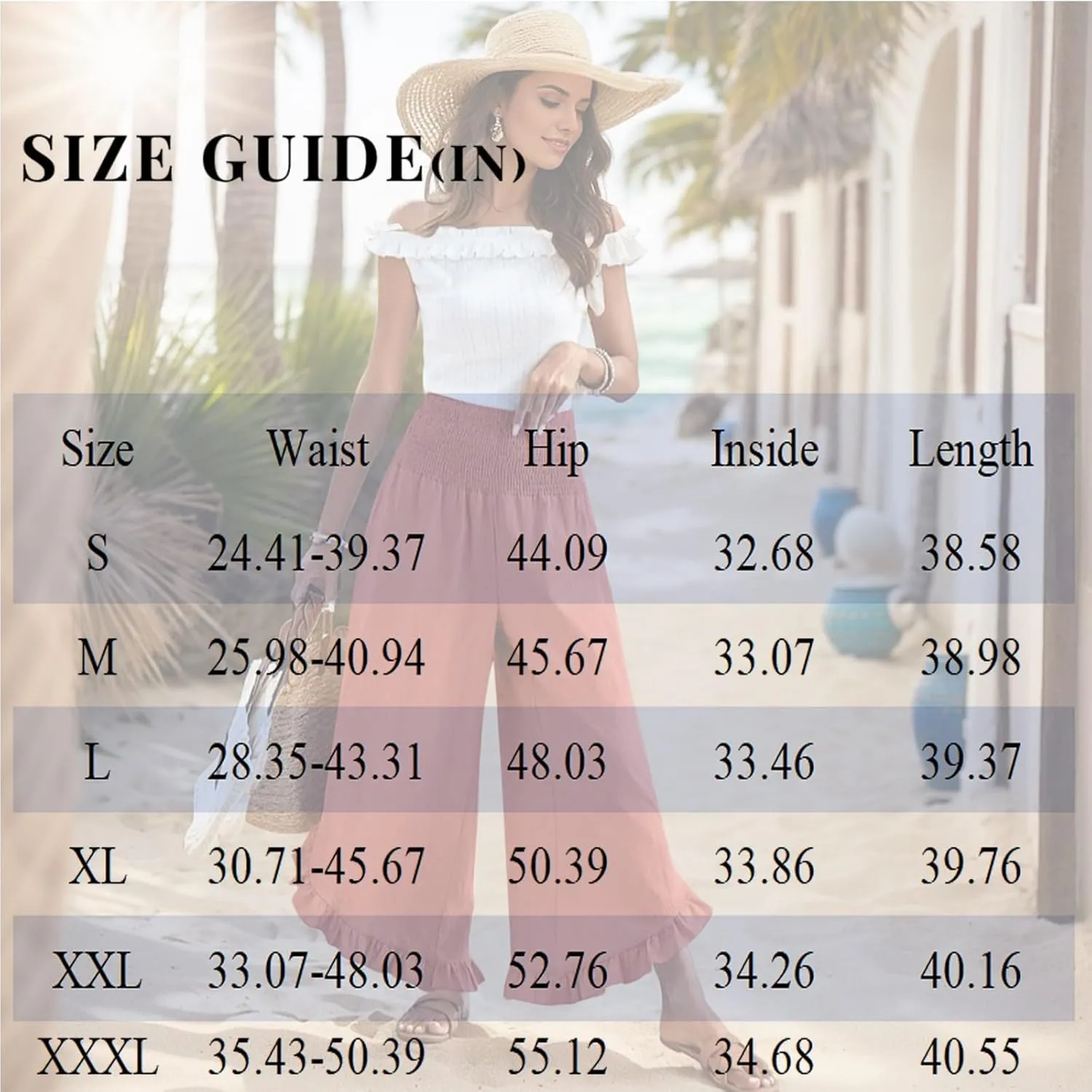 Womens Palazzo Pants Casual Summer Smocked Waisted Linen Pants Trendy Ruffle Hem Wide Leg Trousers Loose Beach Pant