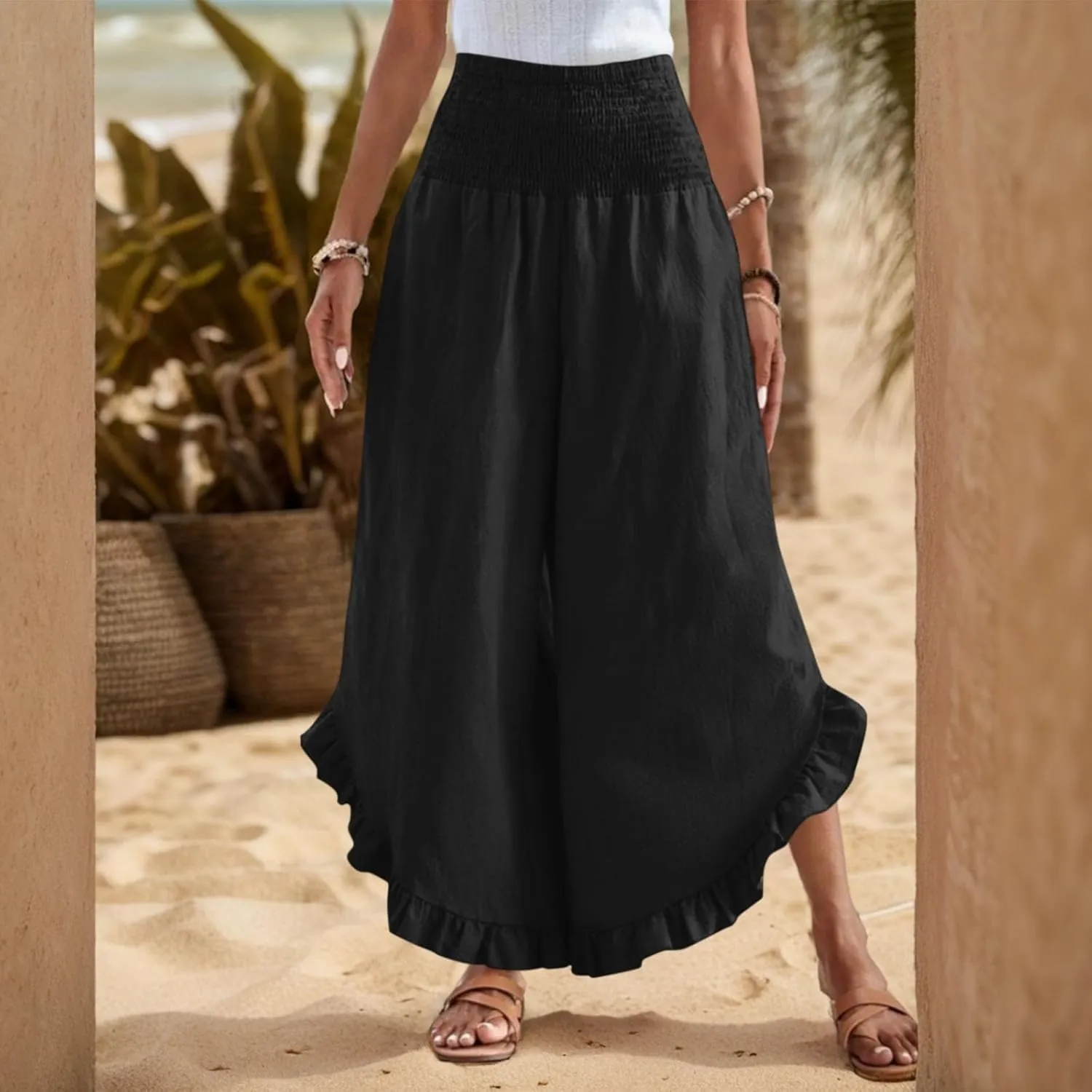 Women's Palazzo Pants Casual Summer Smocked Waisted Linen Pants Trendy Ruffle Hem Wide Leg Trousers Loose Beach Pant