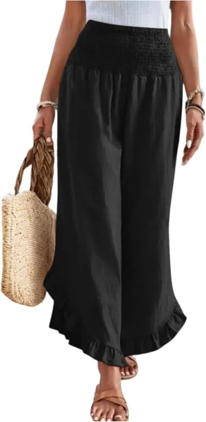 Women's Palazzo Pants Casual Summer Smocked Waisted Linen Pants Trendy Ruffle Hem Wide Leg Trousers Loose Beach Pant