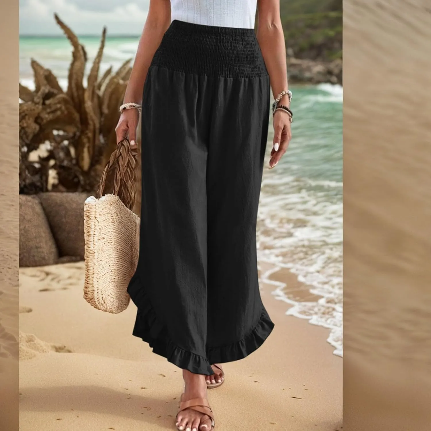 Women's Palazzo Pants Casual Summer Smocked Waisted Linen Pants Trendy Ruffle Hem Wide Leg Trousers Loose Beach Pant